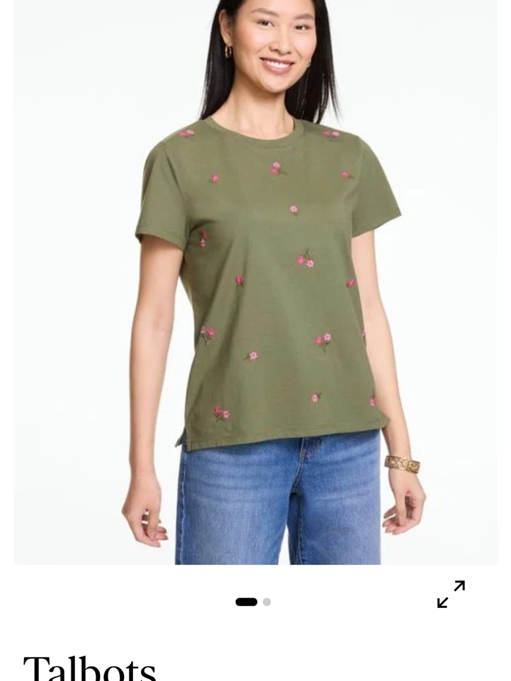 Talbots Olive Green Short-Sleeve Tee with Pink Floral Embroidery